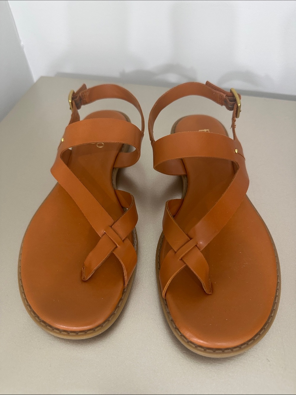 Franco sarto Women's Tan Leather T-Strap Sandals